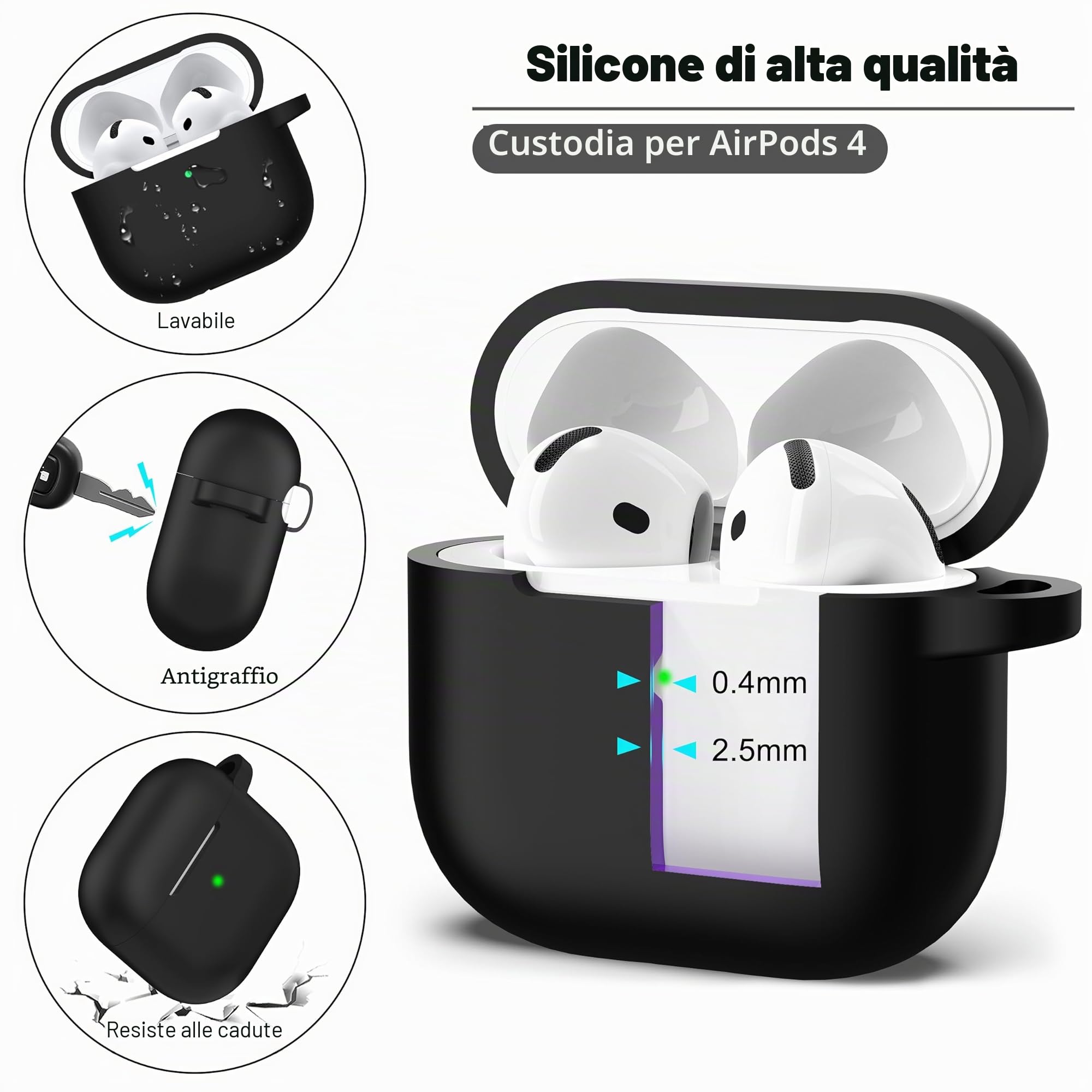 R-fun Custodia per Airpods 4, custodia morbida in silicone con portachiavi, copertura protettiva completa compatibile con Airpods 4th di Apple, Nero