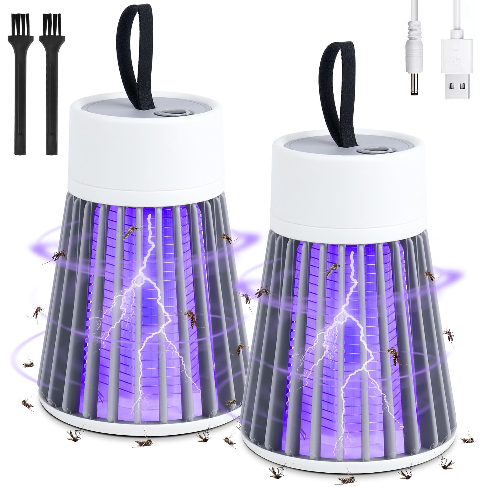 Mineup Elektryczna pułapka na owady, 2 sztuki w opakowaniu, lampa na komary 2 w 1, lampa owadobójcza, ładowana przez USB, 360° UV, elektryczna pułapka na komary do kuchni, wewnątrz i na zewnątrz