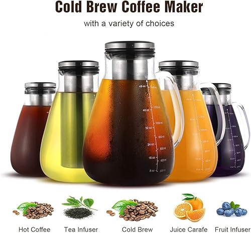 Miniatura 2 de YMMIND Cold Brew Iced Coffee Maker 51oz, Brewed Coffee Pot with Removable Double Mesh 304 Stainless Steel Filter, BPA-Free Cold Brew Pitcher Glass