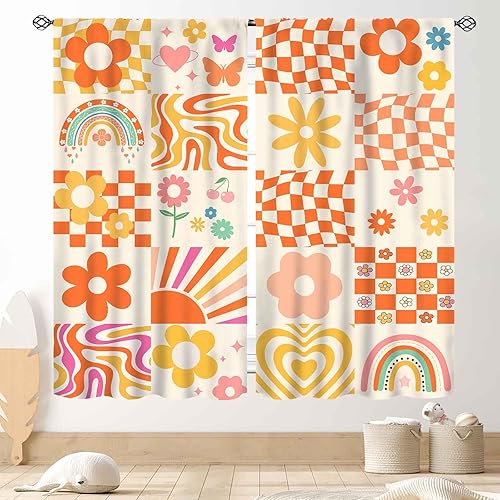 Miniatura 14 de Cortinas de cocina florales retro de los años 70 para ventana, diseño de flores naranjas hippie, estéticas, bohemias, opacas, pequeñas, cortas, para