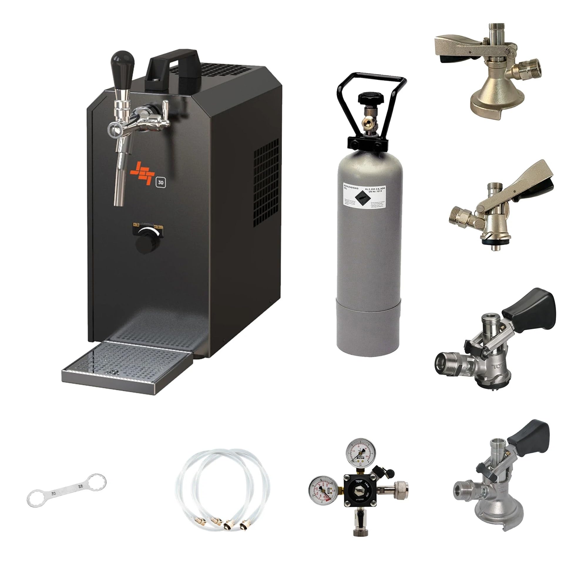 Kit Completo dispensador de Cerveza Jet 30 con Cabeza de Grifo Köpi, Botella CO2 2 kg, mangueras y Reductor de presión 3 Bar, Tipo D