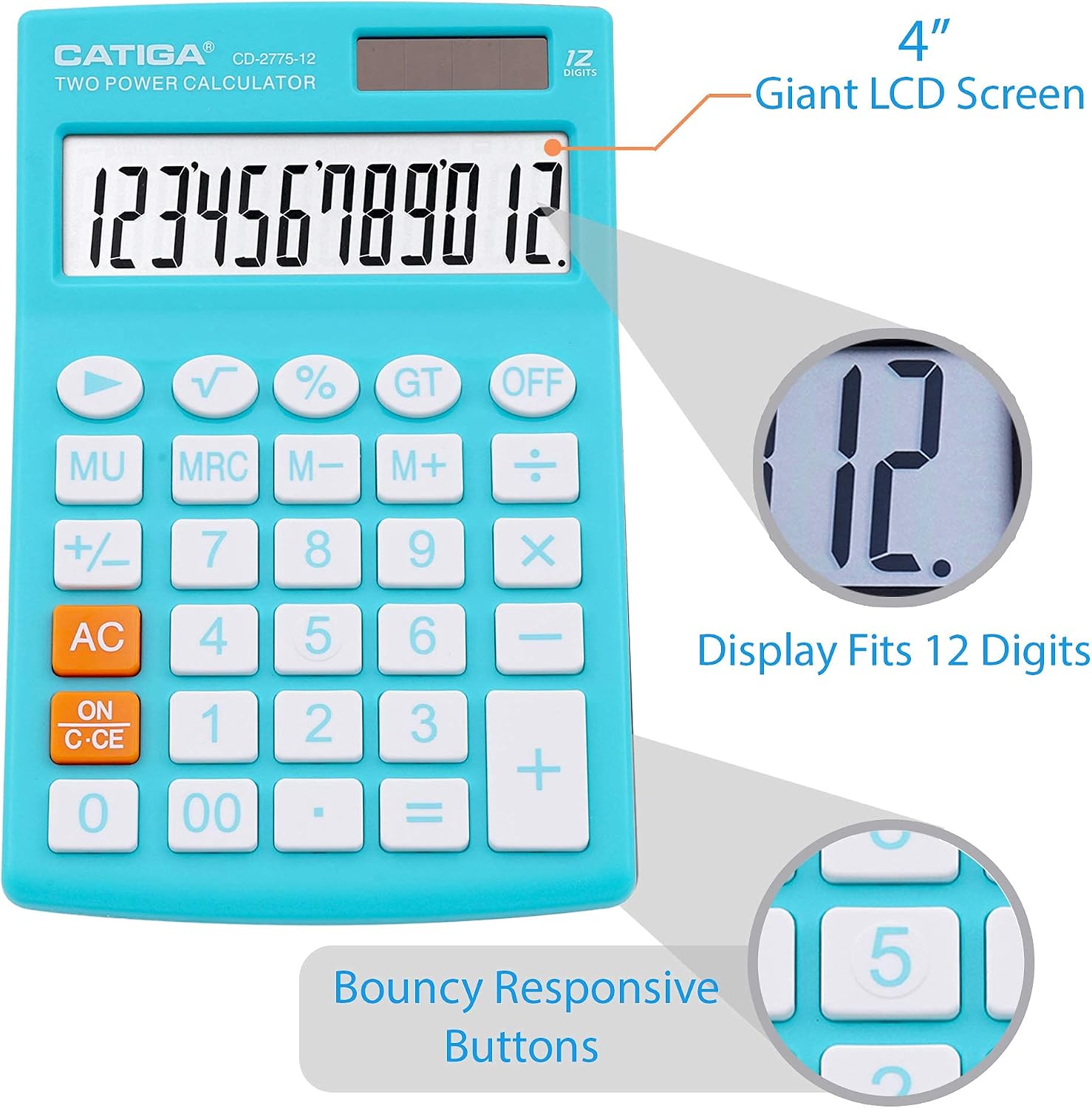 Desktop Calculator with 12 Digit LCD Display Screen, Home or Office Use, Easy to Use with Clear Display/Memory Functions, CD-2775 (Light Blue)