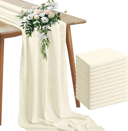 Horbaunal 12 Pack Ivory Chiffon Table Runners 10FT Sheer Chiffon