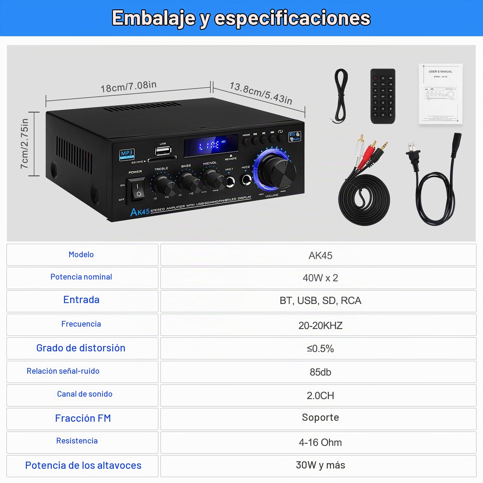 Amplificador de Audio HiFi Siekkey con Bluetooth, Mini Amplificador Estéreo 2.0 Canales 400W X 2, Radio FM, BT, Mic, Entrada SD/USB, Cable de Audio para Home Cinema | Amplificador 2.0 canales 400W x 2 con radio FM, BT MIC, entrada SD/USB, cable de audio p