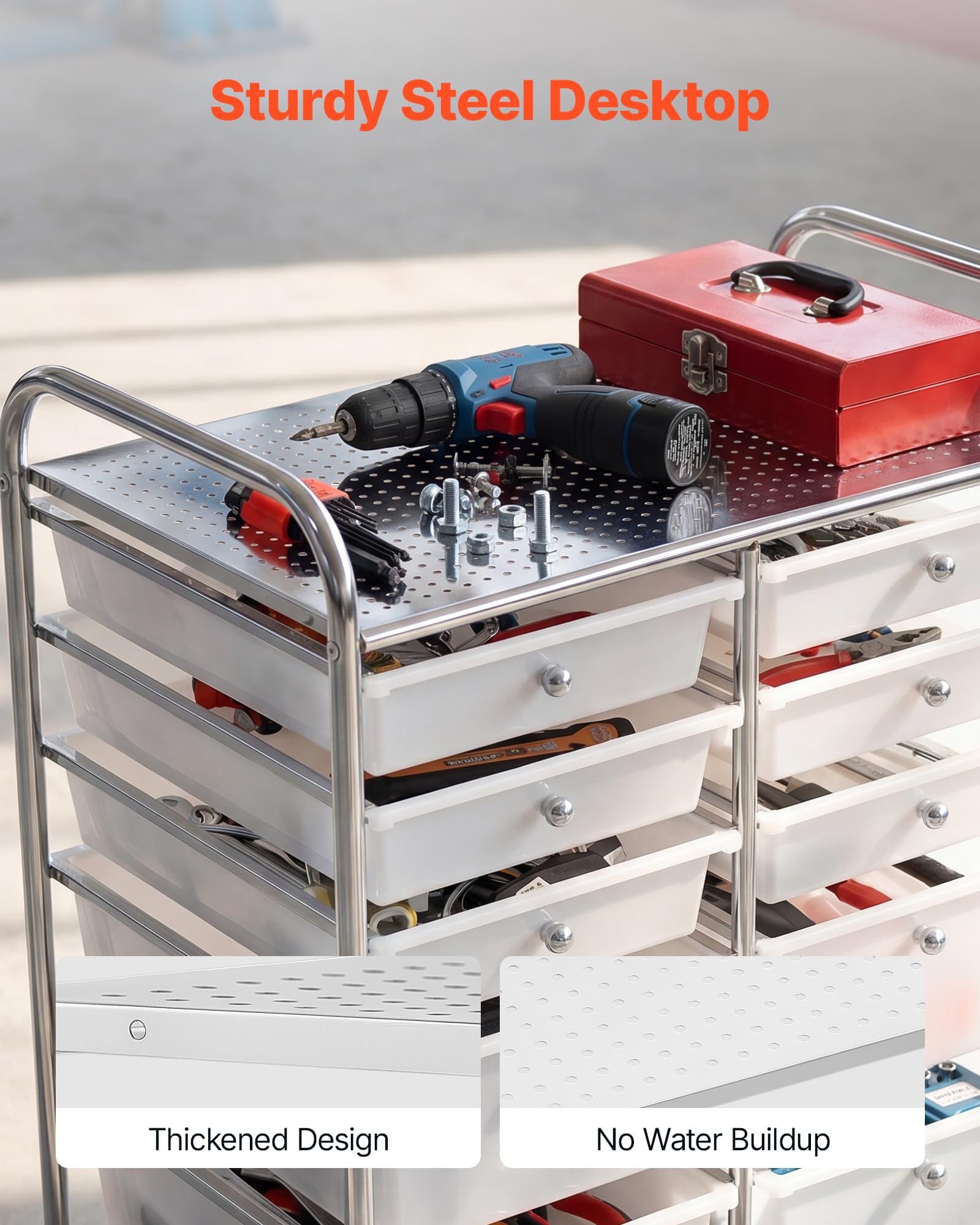 VEVOR Carrello con Cassetti Organizer a Doppia Fila con 12 Cassetti e Ruote, Carrello Portaoggetti, Telaio in Acciaio Cromato, Ruote Girevoli a 360° con 2 Freni, Ideale per Ufficio, Garage e Studio