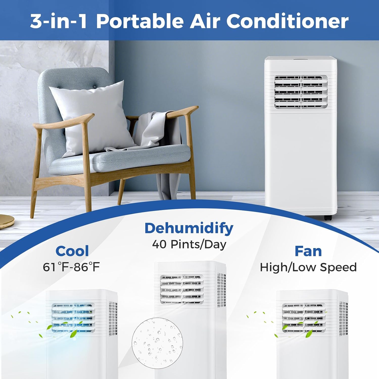 DORTALA Portable Air Conditioner 8000 BTU, 3 in 1 Quiet Floor Standing AC Unit with Fan & Dehumidifier, Sleep Mode, 24H Timer, Remote Control & Installation Kit for Room up to 250 Sq.Ft
