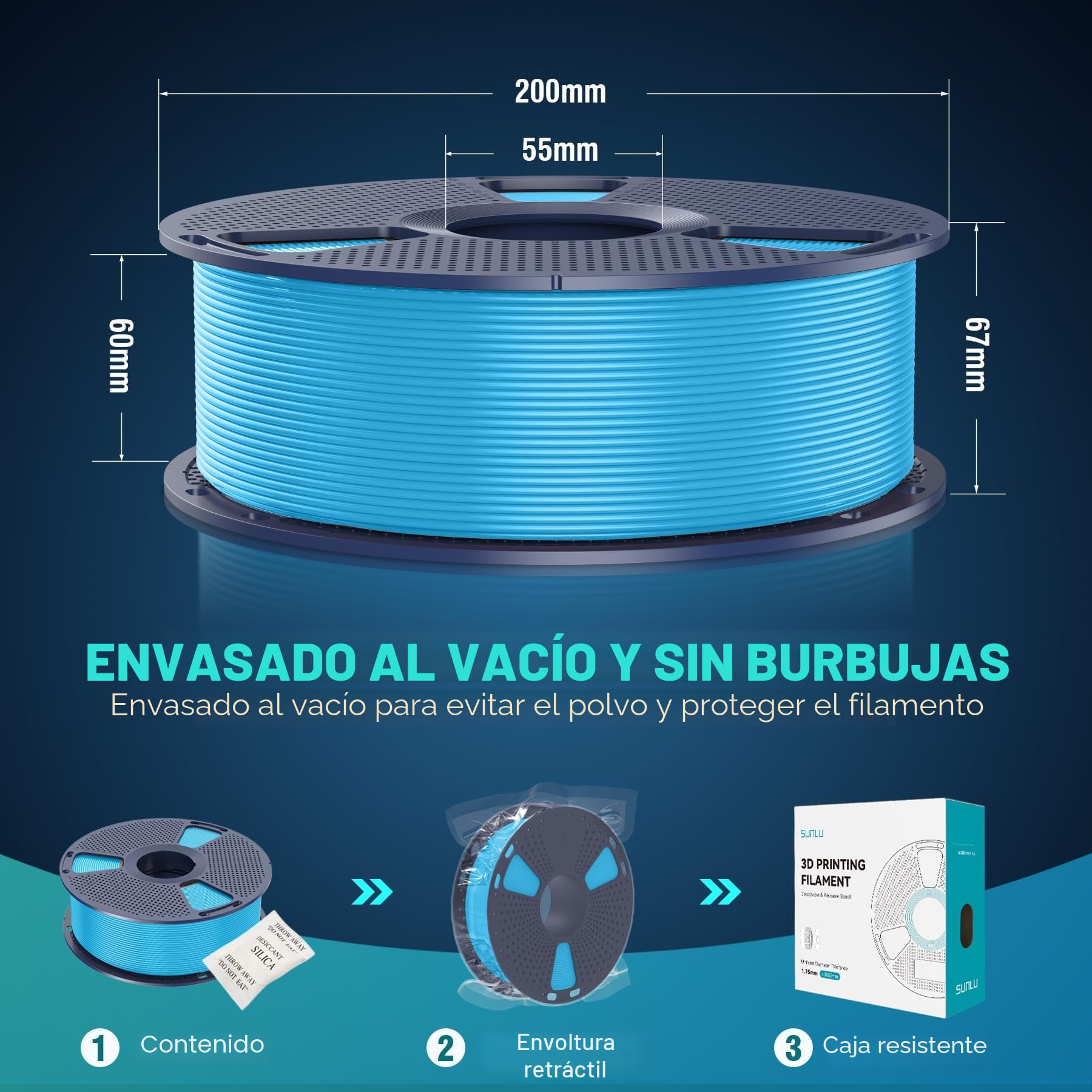 SUNLU PLA+ Filamento 1.75mm Negro 1KG para Impresoras 3D FDM