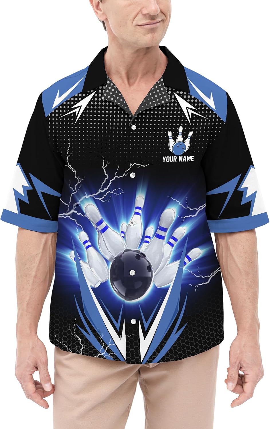 Customize Bowling Hawaii 3D Button Up Shirt with Dark Blue Bowling Theme and Lightning Pattern Graphic On it for Bowling Team