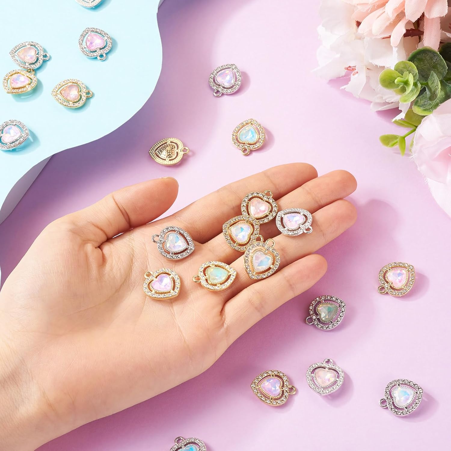 FASHEWELRY 24Pcs Rhinestone Heart Charms 12 Colors Alloy Crystal Heart Pendants Charms Faceted Glass Crystal Pendants for DIY Earrings Necklace Bracelet Jewelry Making - Image 6