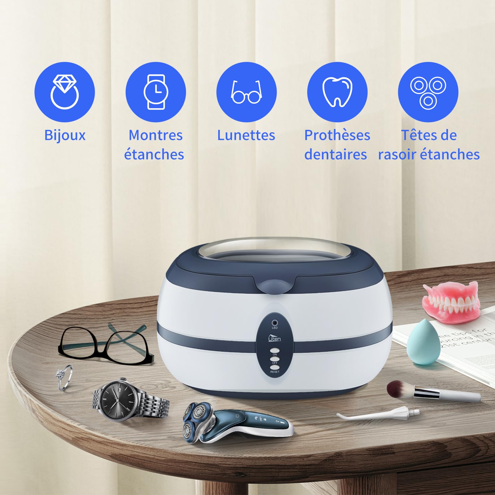 Uten Nettoyeur à Ultrasons 600ML Appareil Nettoyeur Domestique avec Panier Nettoyage et Support Automatique pour Nettoyage Bijoux Lunette Dentier CD