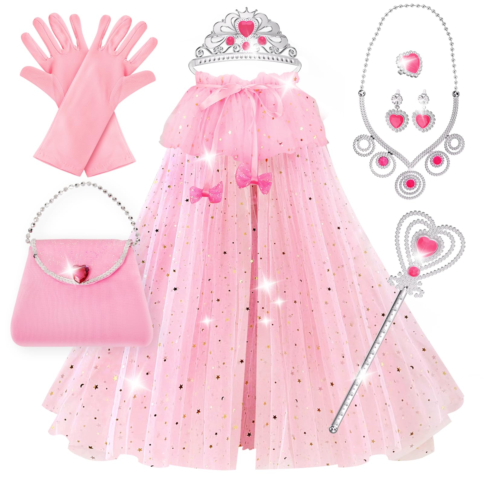 ShyLizard Princess Dress Up Clothes for Little Girls, 10 Pcs Toddler Dress Up Toys, Princess Cape with Crown, Wand, Jewelry, Princess Play Toys Gifts for 3 4 5 6 Year Old Girls(Pink)