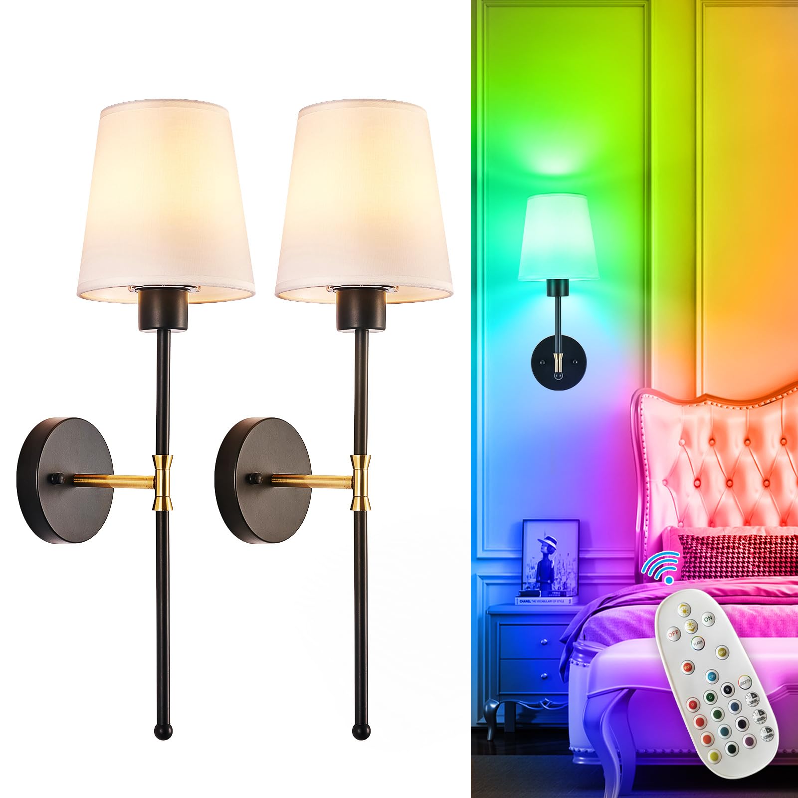 Depuley Battery Operated Wall Sconce: Black Gold Set of 2 Wireless Wall Lights for Bedroom - Rechargeable 15 Colors Wall Lamp for Living Room