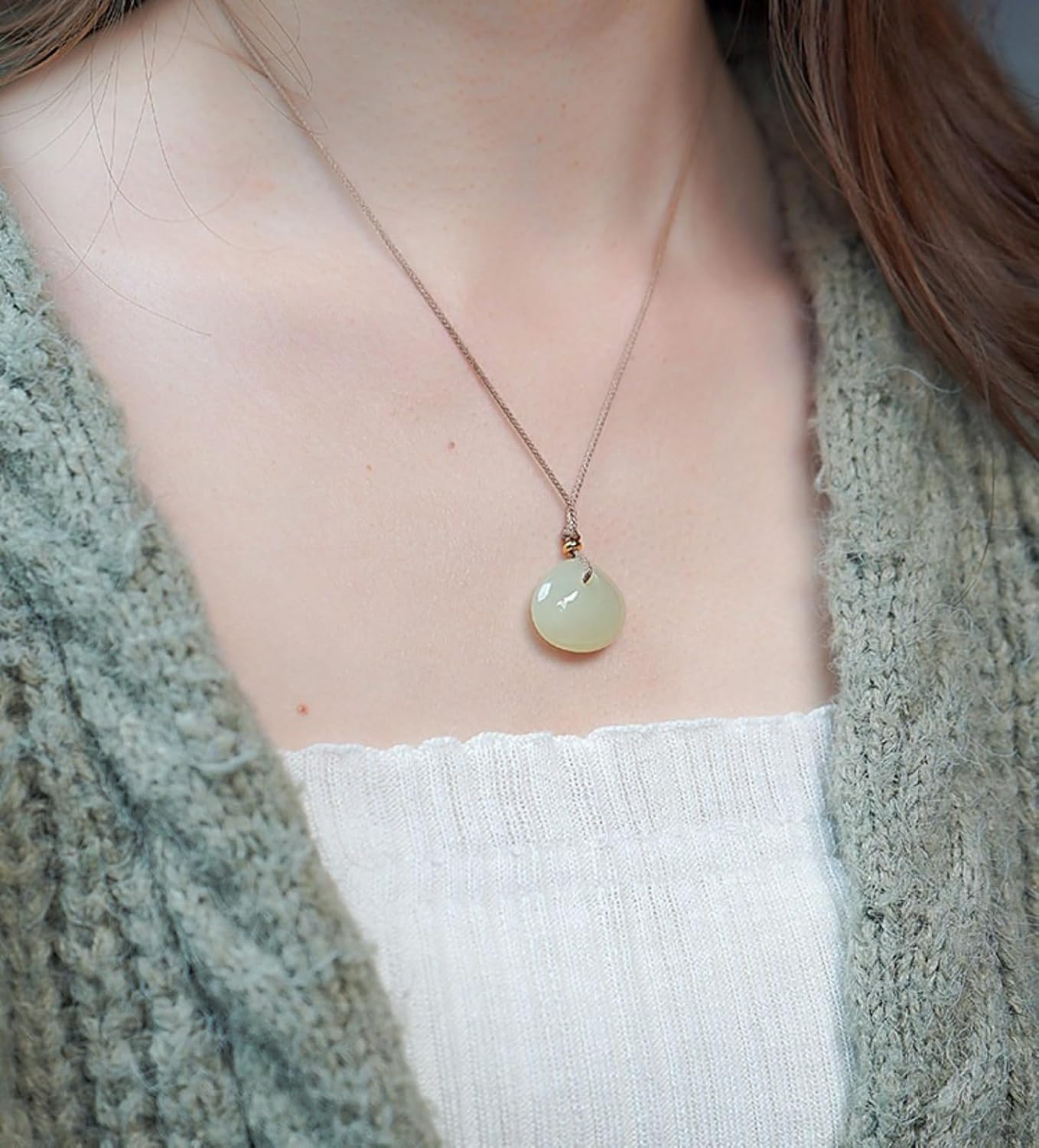 Natural Hotan Jade Pendant Necklace with Adjustable Chain, Clear Water Safety Lock Design, Unisex Valentine's Day Gift for Girlfriend and Boyfriend