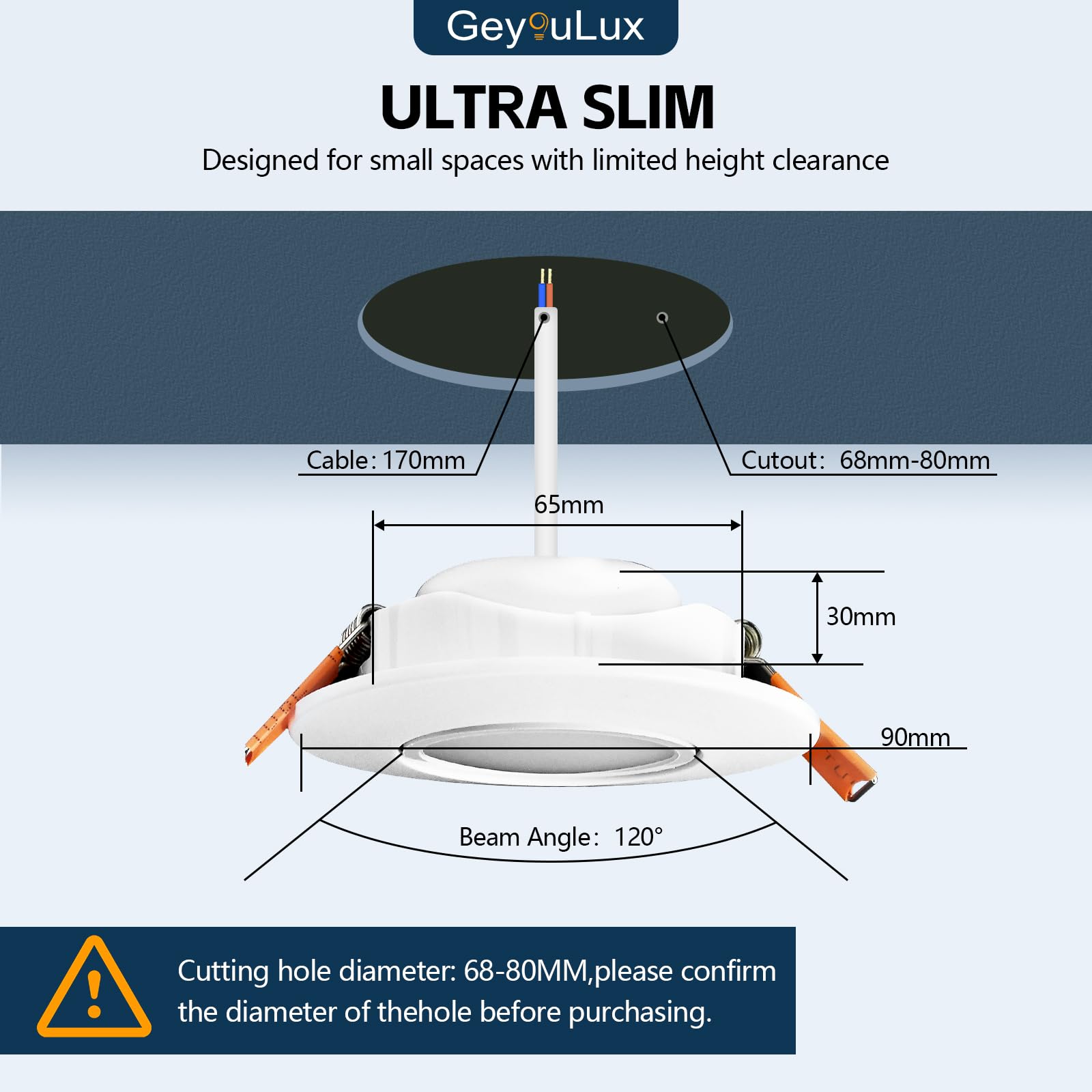 GeyouLux LED Einbaustrahler 230V Dimmbar 68-80mm 4.9W IP44 Ultra Flach 3000K/4000K/6000K 45° Schwenkbar 6er Set