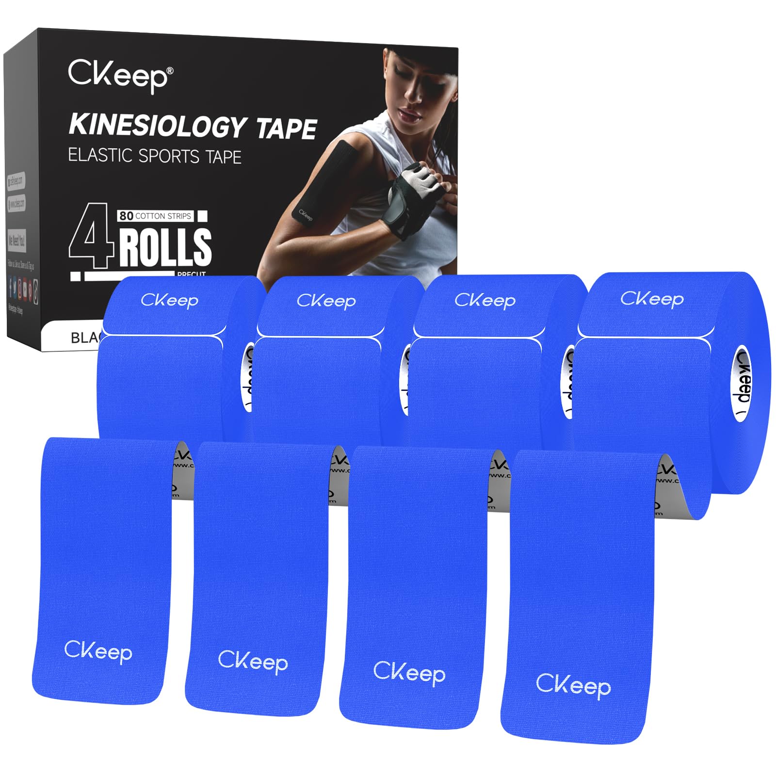 CKeep 4 Rolls Kinesiology Tape, Original Cotton Elastic Athletic Tape, 20 Precut 10" Strips Each, Blue, Ideal for Muscle Support & Injury Prevention
