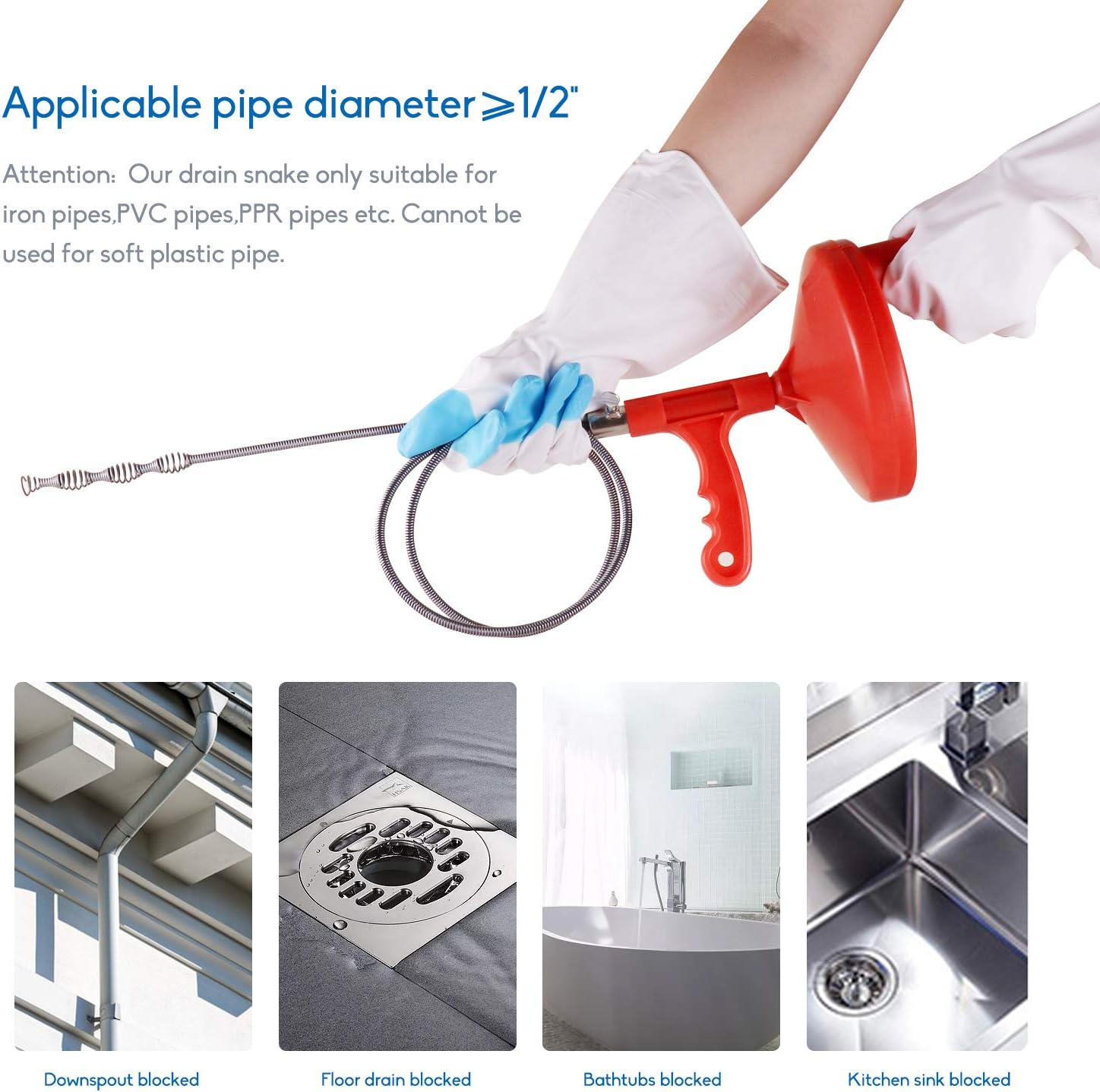 Plumbing Snake, Professional Drain Auger, Sink Snake Hair Clog Remover Heavy Duty Pipe Snake for Bathtub Drain, Bathroom Sink, Kitchen and Shower, Drain Cleaner Tool with Gloves By KINGLEV : Everything Else