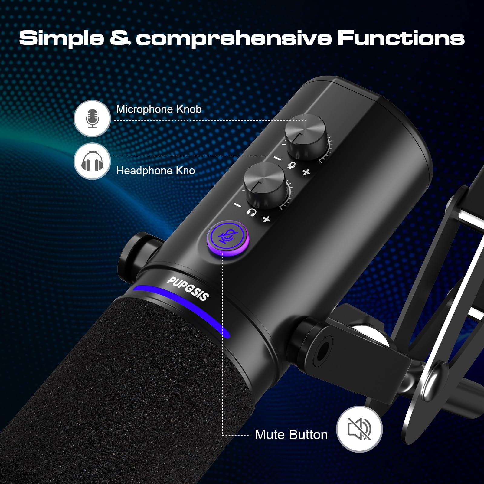 PUPGSIS Microfono per PC con registrazione podcast, microfono dinamico con pulsante mute, effetti riverbero, jack per cuffie, supporto da tavolo, uscite USB-C e XLR, microfono USB per giochi