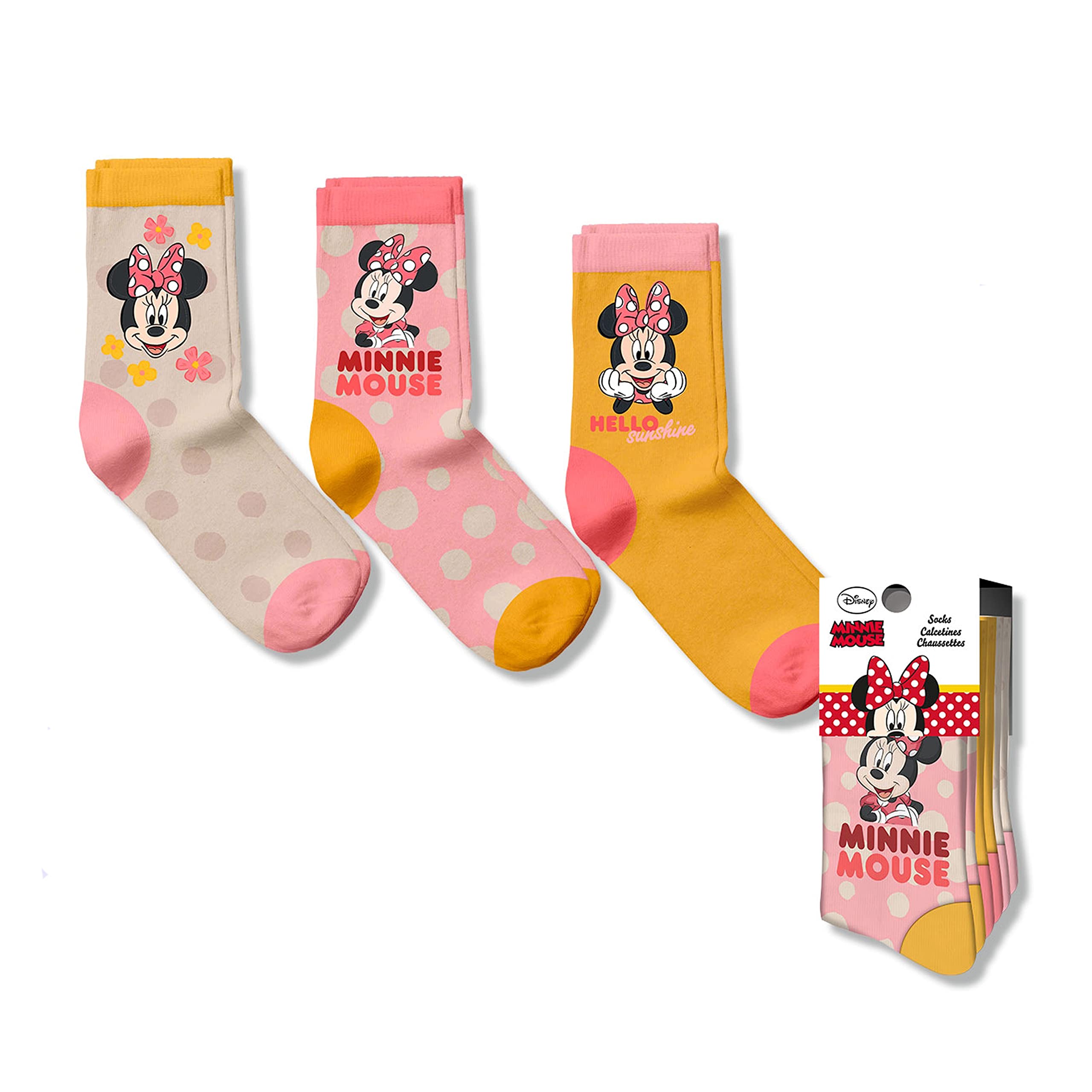 Srv Hub Girls Uk 3-5.5 / Eu 19-22 Minnie Mouse Socks–Novelty Cotton Rich Socks 3 Pairs Multipack Bundle Mid Calf Socks For Kid, Suitable For Ages 0-12 Years ()