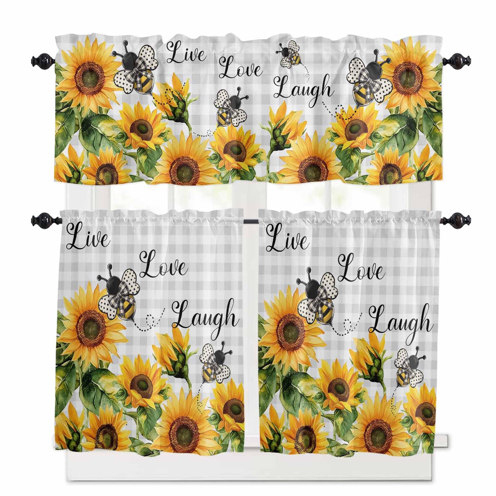 Sunflower Bee Kitchen Curtains 24 Inch Length,3 Piece Rod Pocket Small Half Tiers and Valance Set,Grey Buffalo Checkered Botanical Floral Small Large Window Treatment Decor for Bedroom/Bathroom Sink