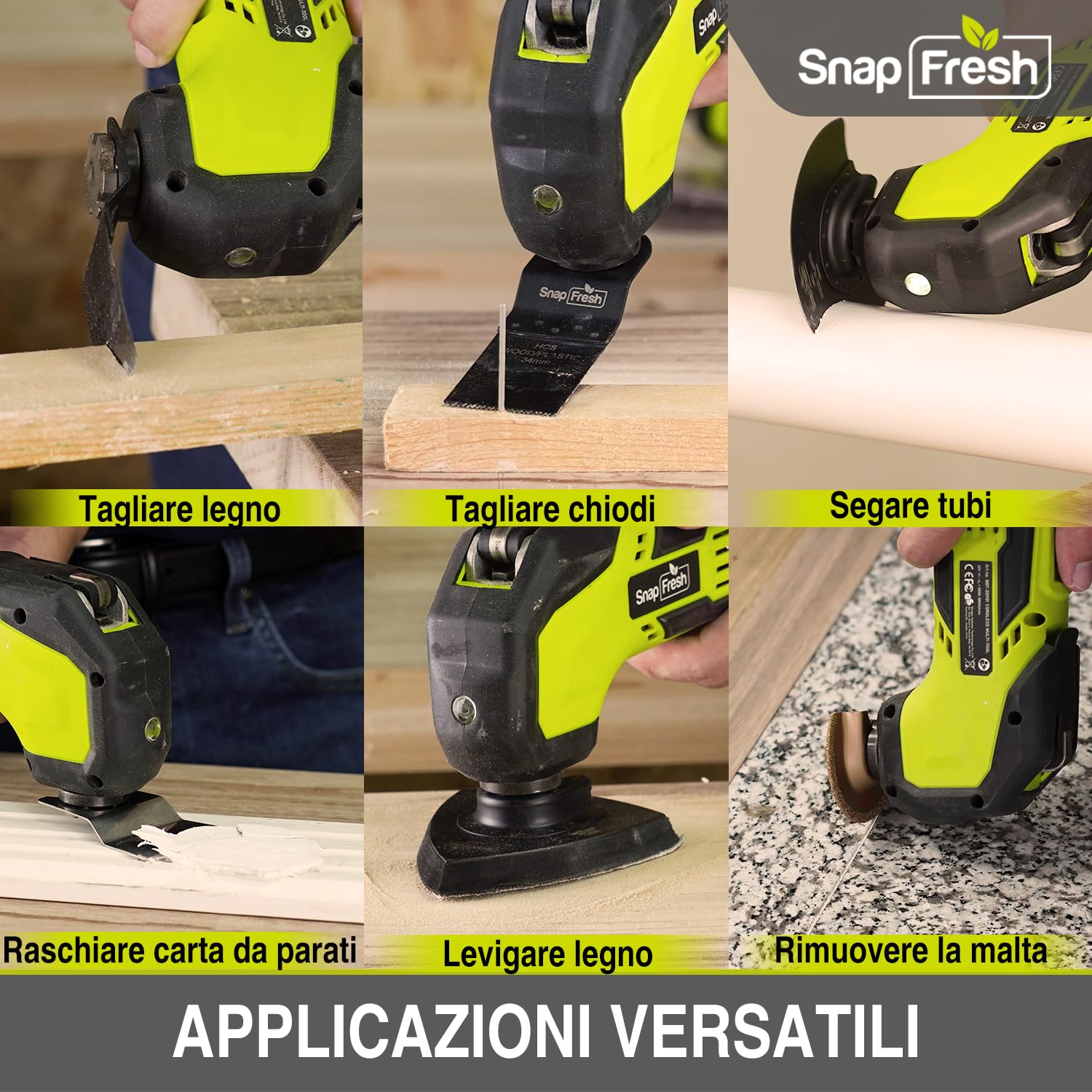 SnapFresh Utensile multifunzione a batteria Strumento oscillante kit senza fili 20V 6 velocità 5000-18000 OPM, angolo di oscillazione di 3,2 °, 22 accessori multitool multi-cutter sega oscillante