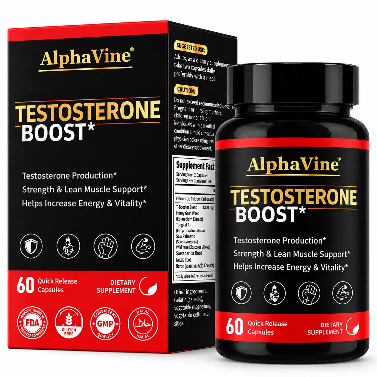 ALPHAVINE Suplemento para homens com Horny Goat Weed e Tongkat Ali, 60 cápsulas