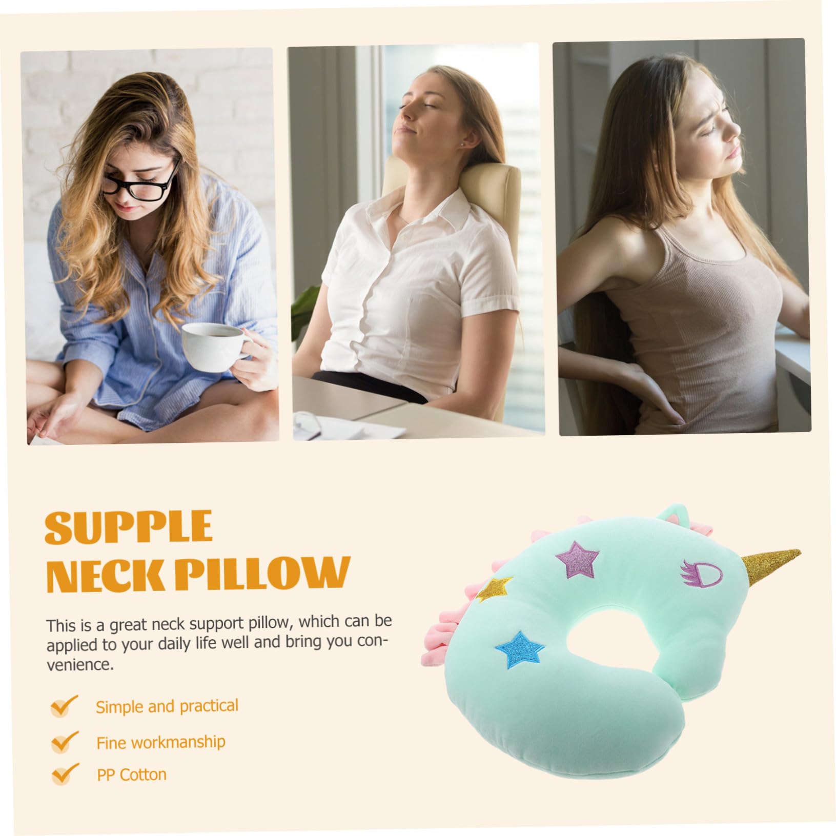 INOOMP Almohada De Viaje para Cuello En Forma De u Verde, Cojín De Apoyo Cervical De Sobremesa, Suave De Felpa, Portátil para Oficina y Coche, Almohada Cómica Unicornio para Descanso Diario