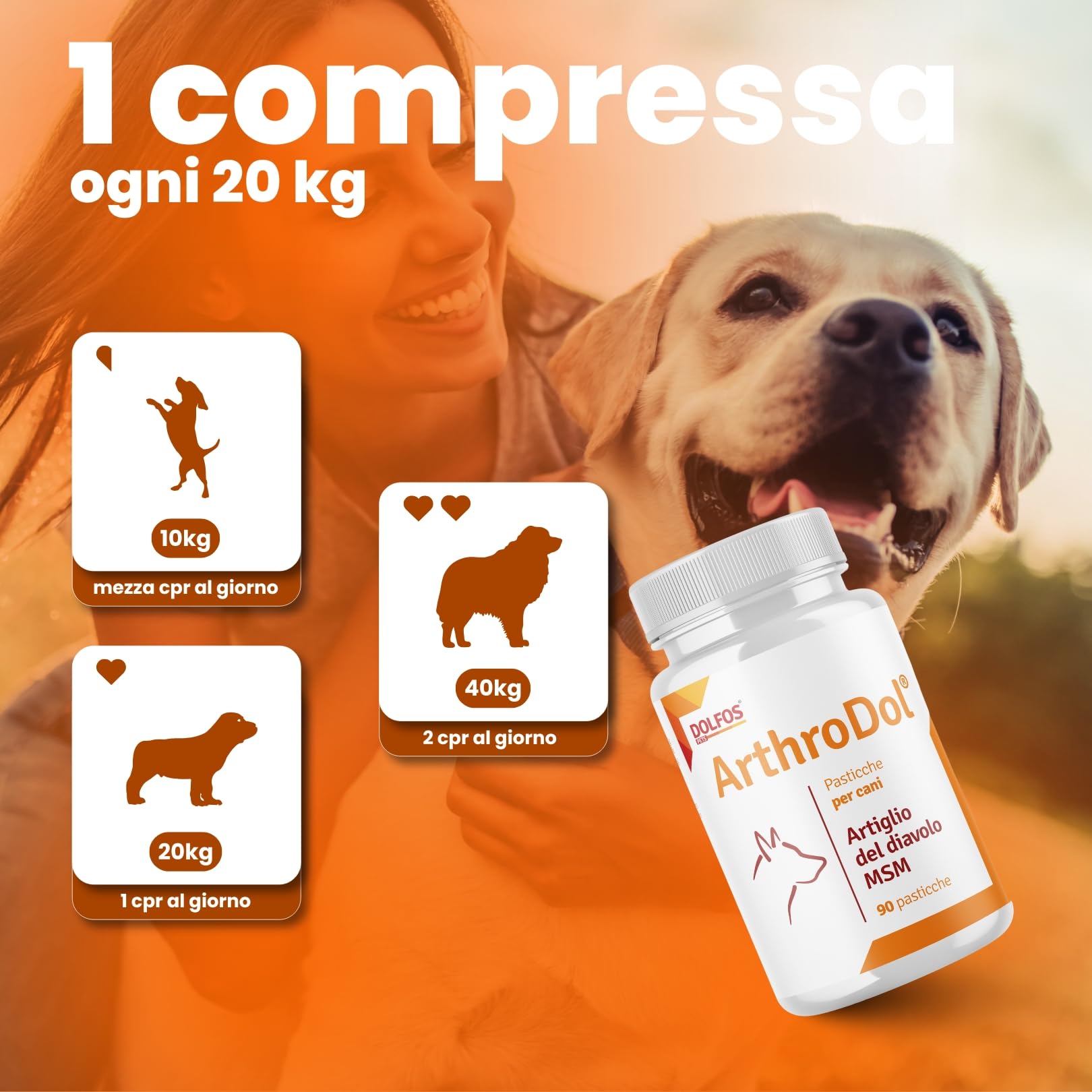 Dolfos Pets ArthroDol Integratore Articolazioni Cane, Antinfiammatorio e Analgesico Favorisce la Mobilità dei Cani Anziani 100% Naturale 90 Compresse