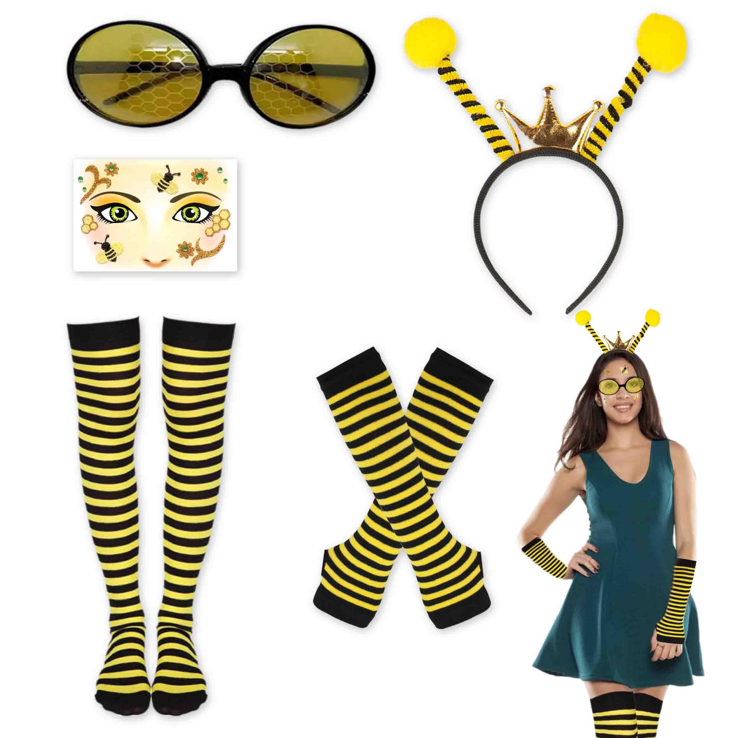 5 Piezas Disfraz de Abeja, Disfraz Abeja para Mujer con Gafas Diadema Guantes Overknee Calcetines Tatuaje Facial Accesorio para Carnaval Halloween Cosplay