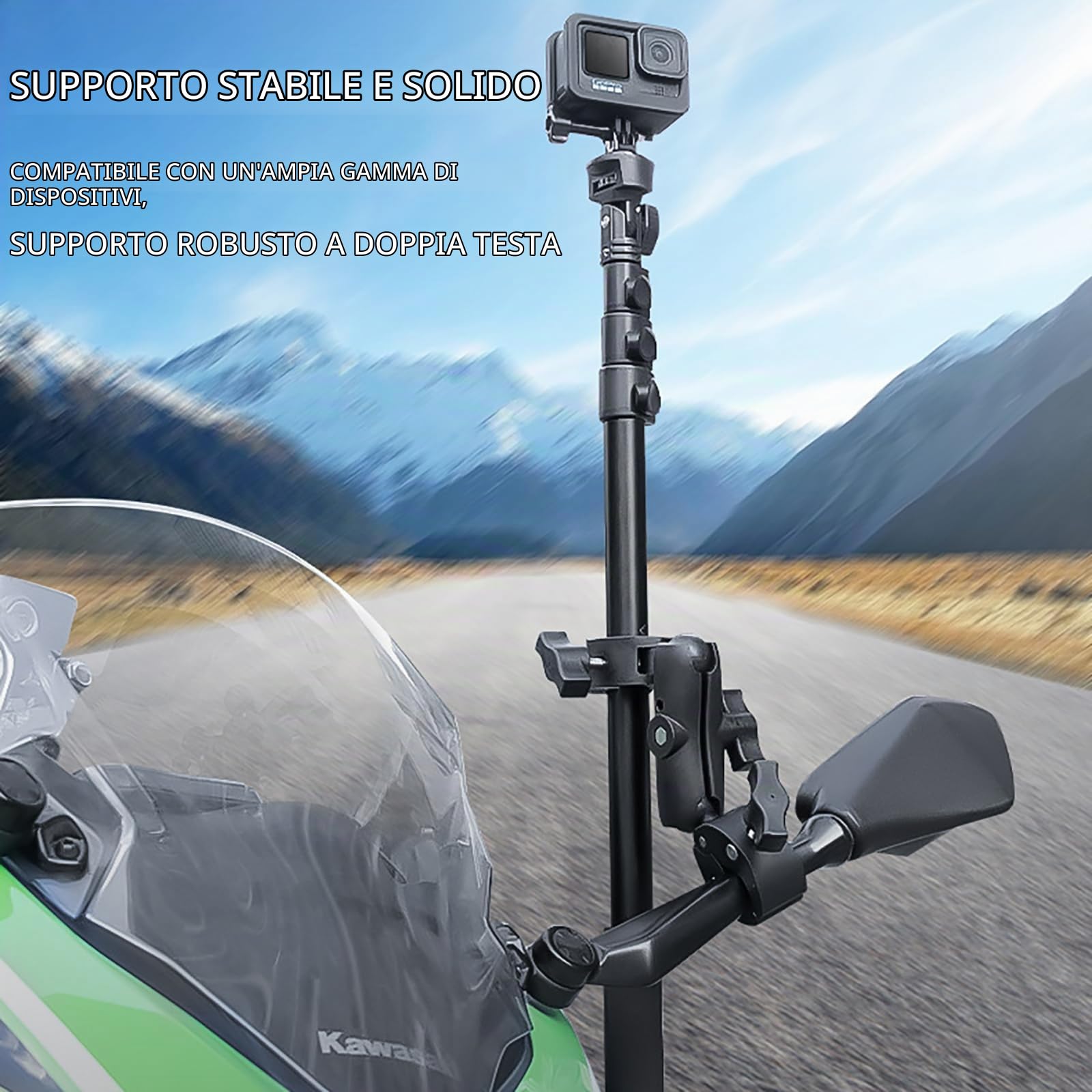 NEWFUN Supporto per Videocamera, Accessorio per insta360 x4, Kit per Moto per insta360 x4, X3, X2 Rotazione di 360 Gradi, Doppio Morsetto, Supporto per Moto, Compatibile con Più Dispositivi