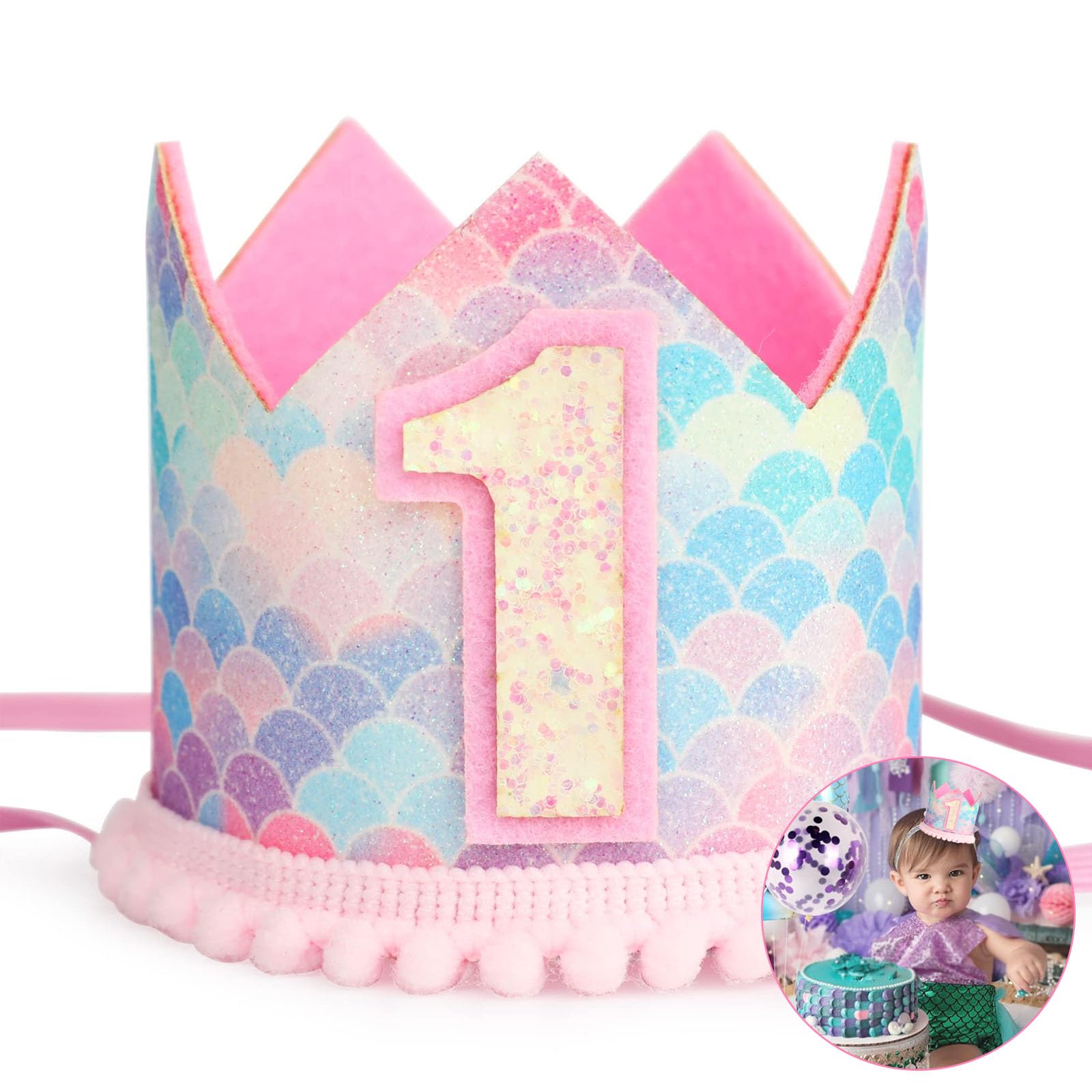 Zankubom Mermaid 1st Birthday Crown, First Glitter Crown Hat for Baby's 1st Birthday Party Photo Booth Props Girl or Boy Baby Shower Decor