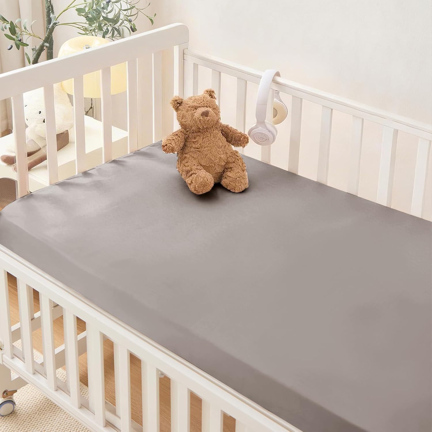 THXSILK 100% 6A+ Mulberry Silk Crib Fitted Sheet Mattress Cover 52"×28" with Deep Pocket 3"- 8" for Standard Baby Bedding, Cooling Luxuriously Soft & Cozy, 1 Children Fitted Sheet Only, Grey