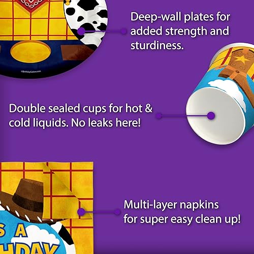 Miniatura 5 de Birthday Story Toy Cowboy - Juego de suministros para fiesta de cumpleaños, platos, servilletas, tazas, kit de vajilla para 16