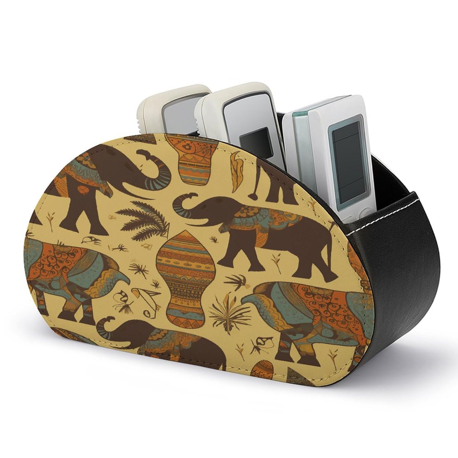 FekiLoot Leather Remote Control Holder with 5 Compartments Africa Elephant Remote Caddy Desktop Organizer Store TV Remote Holder Remote Organizer for Bedside Table Office Desk