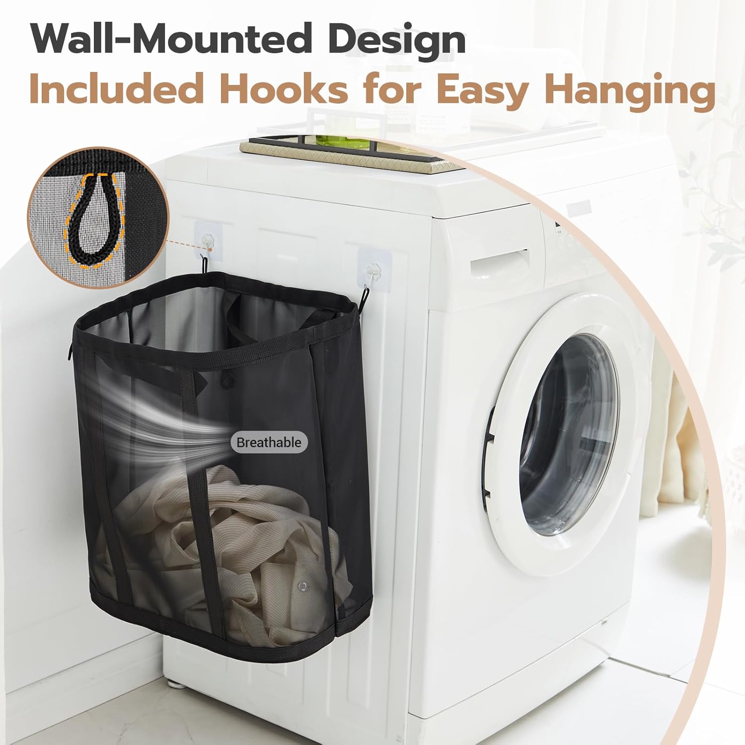 Mesh Laundry bag with Handles, 42L Collapsible Laundry Basket with 2 Hooks, Wall-Mounted Foldable Laundry Hamper Hanging for Bathroom, Dorm or Travel (Black, 2 Pack）