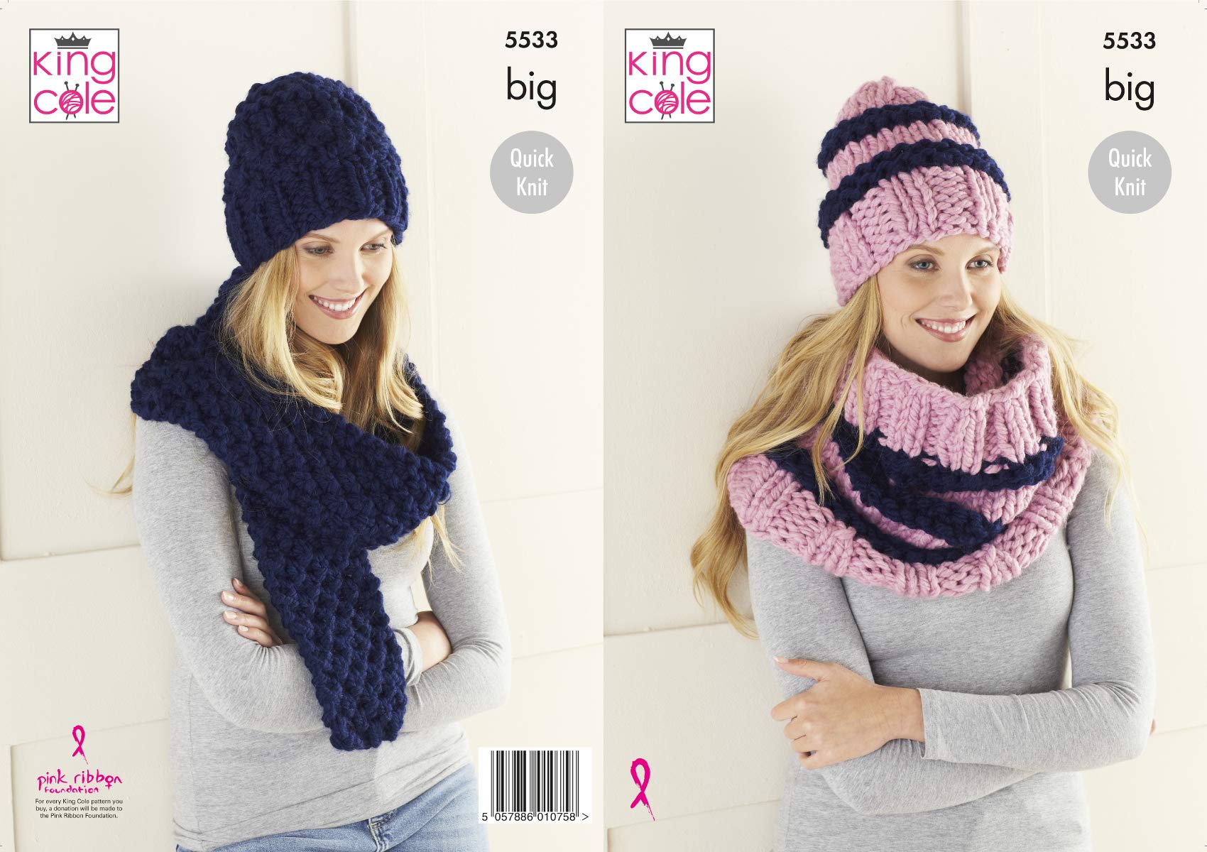 King Cole Big Kniting Pattern Hats Cowl and Scarf 5533