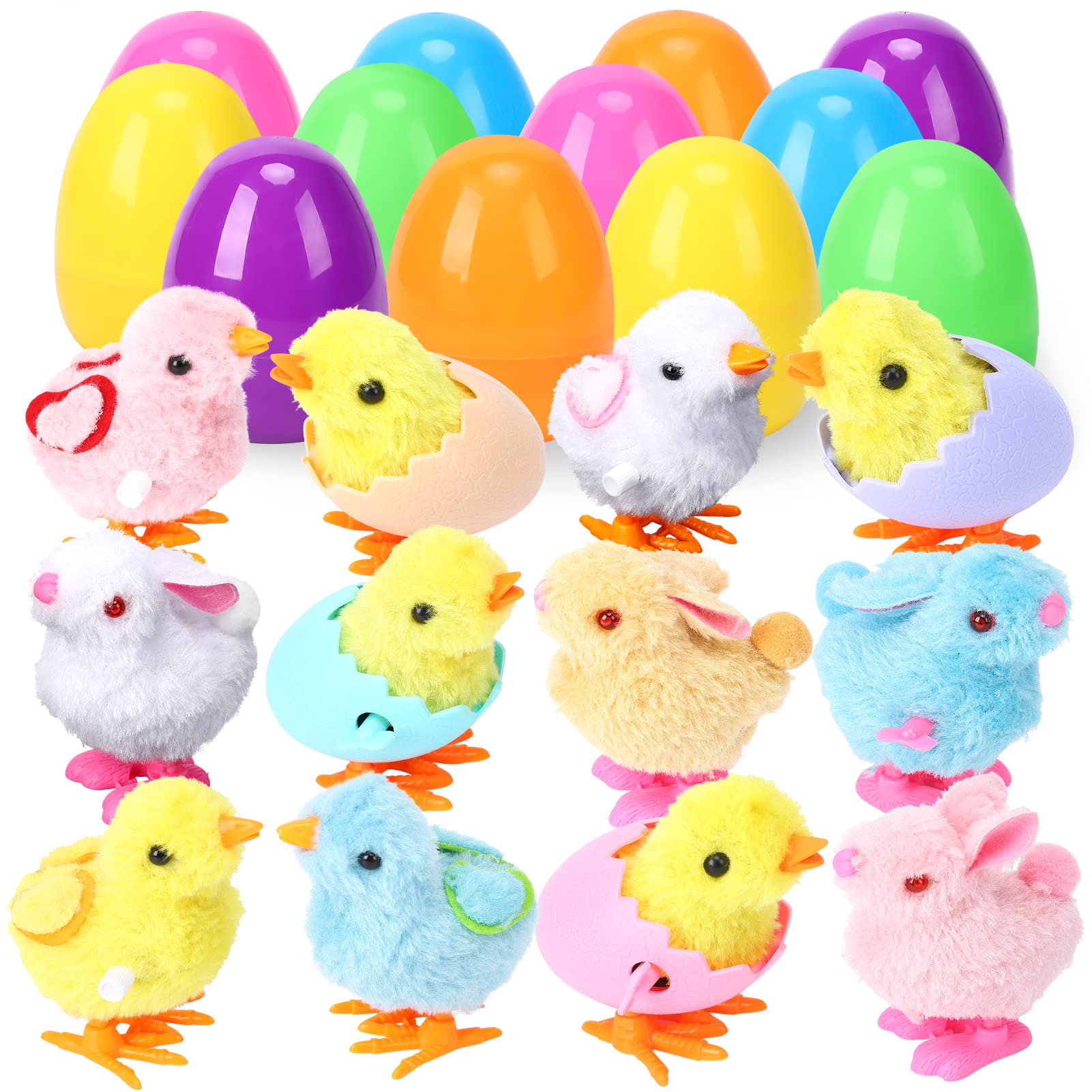 FunsLane 12Pcs Filled Easter Eggs, Easter Wind Up Chick Bunny Toys Rabbits, 3.9'' Eggs with Clockwork Jumping Chicken Bunnies Plush Toys for Kids Egg Hunt Basket Filler Party Favors