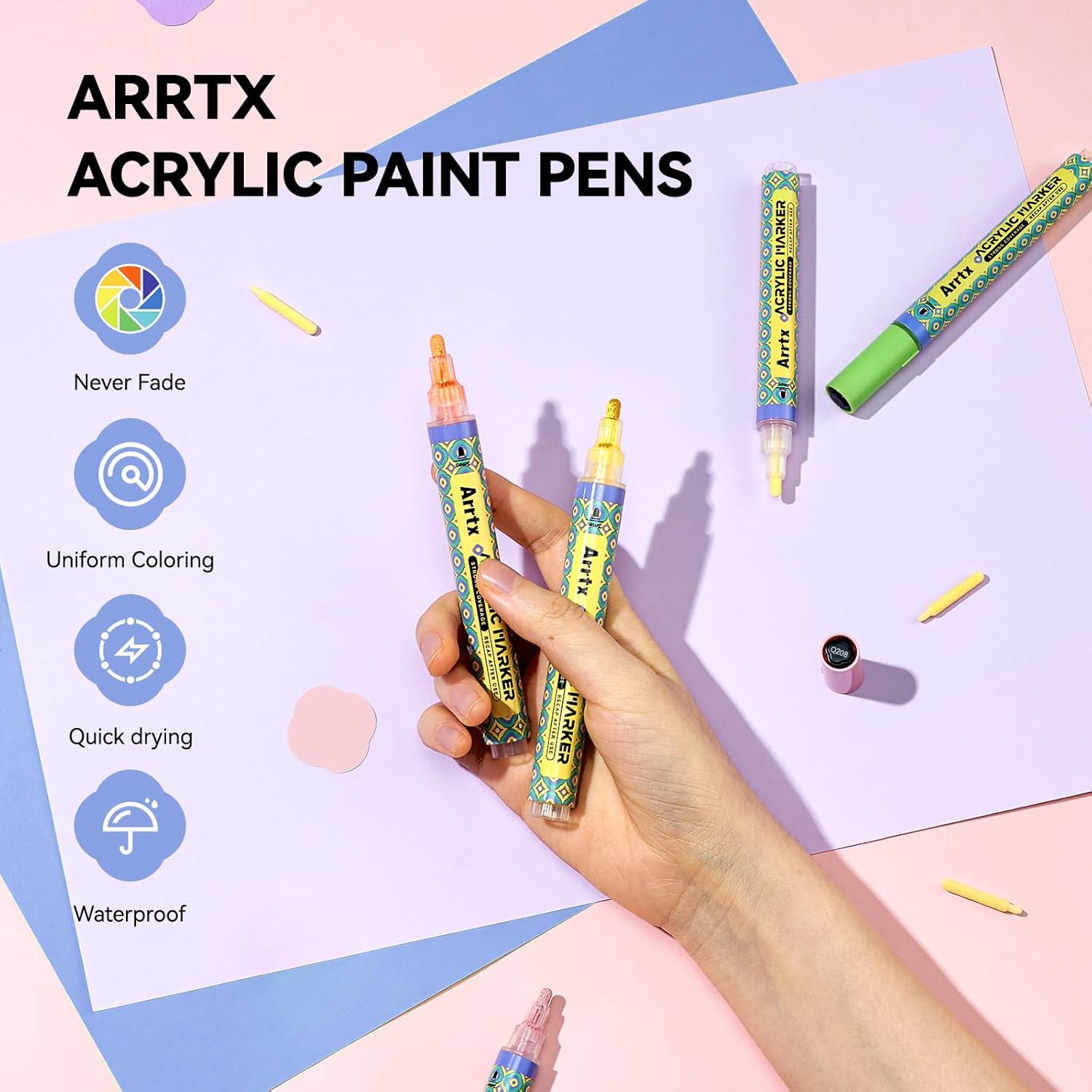 Arrtx 48 Colors Acrylic Paint Pens, 3mm Medium Tip Paint Markers Paint Pens, Non Toxic, Waterbased, Quick Drying for Artists Detailing, Rock Painting, Wood, Canvas, DIY Crafts Making Art Supplies