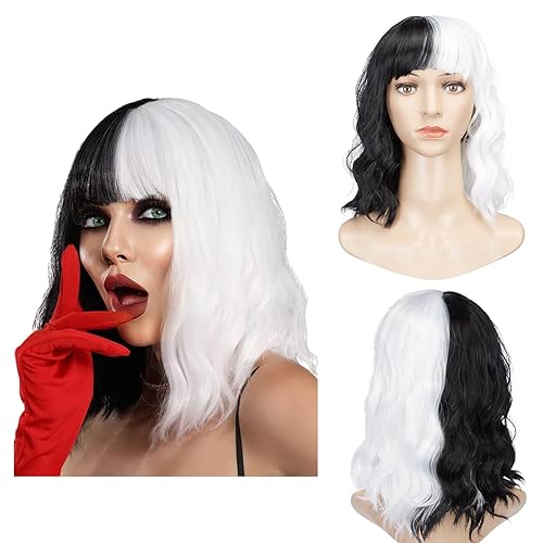 AGPTEK Pelucas sintéticas onduladas para cosplay de 15.7 pulgadas, peluca de Cruella Deville, fibra resistente al calor, textura suave y lisa,