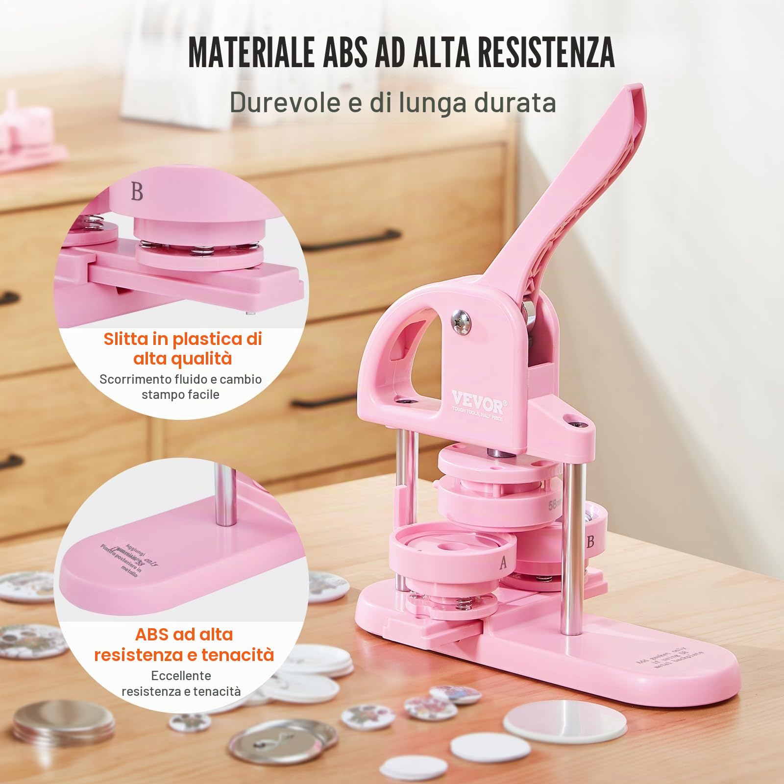 VEVOR Macchina per badge 25/32/58 mm, Pressa per badge con 300 kit di accessori, Kit fustellatrice manuale badge punzonatrice, Macchina per la creazione di badge rosa