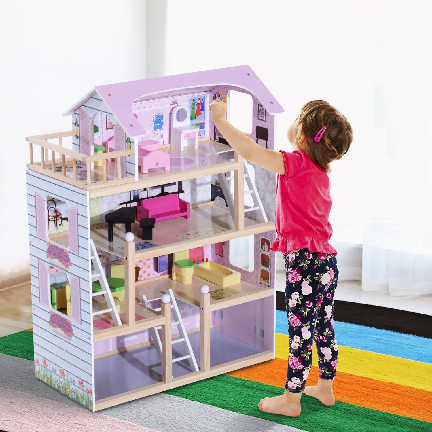 HOMCOM Drewniany domek dla lalek dla 3+, 60x30x80 cm, biało-różowy