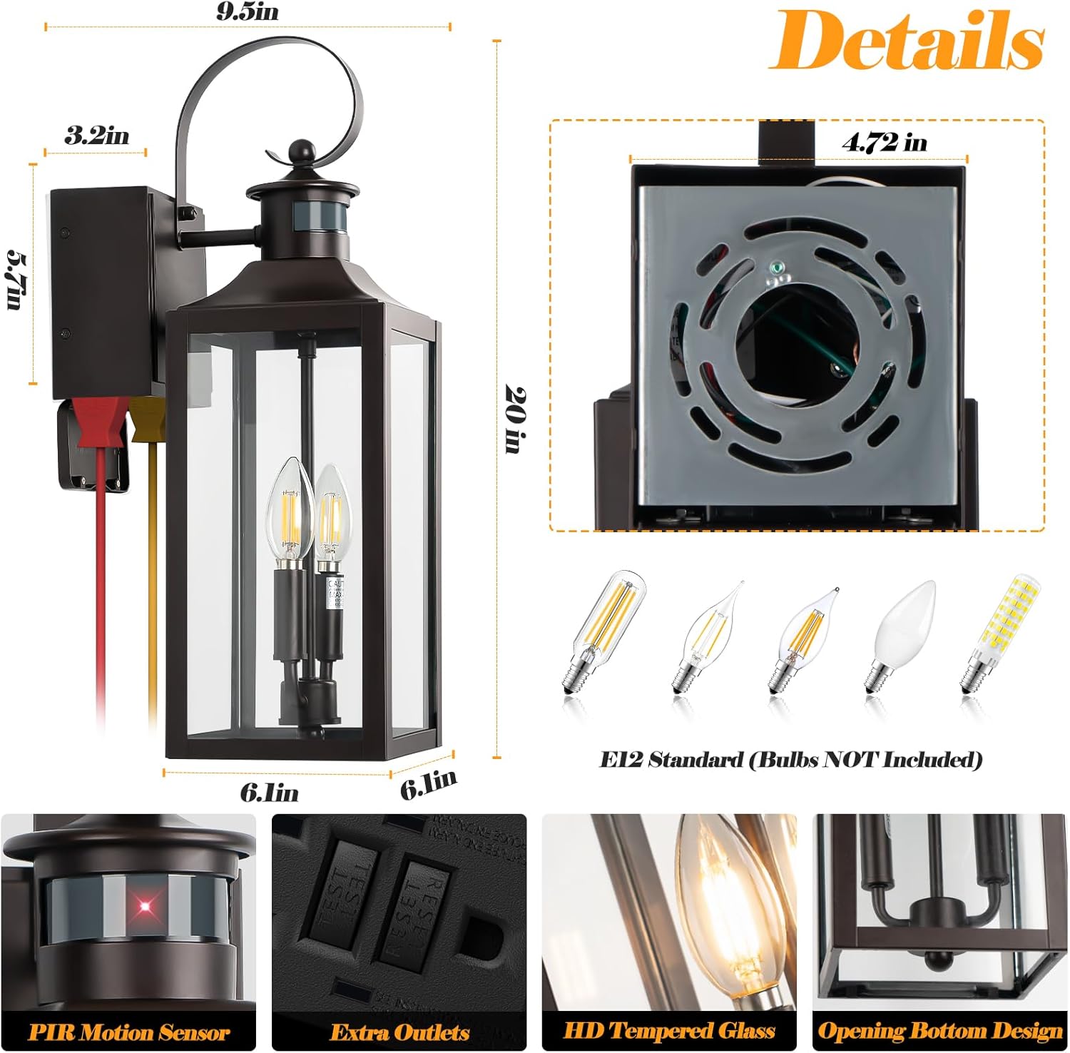 Porch Lights with GFCI Outlet, 20" Brown Dusk to Dawn Motion Sensor Outdoor Lights, Exterior Lighting Fixtures with GFCI Outlet Built-in, Waterproof Bronze Outdoor Wall Sconce for House Patio