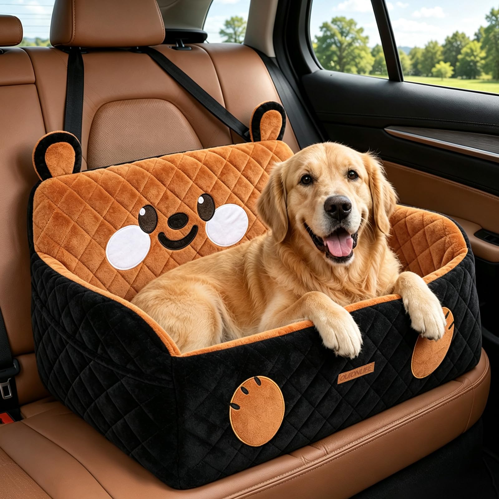 Großer Hunde-Autositz für Hunde bis 25 kg oder 2 kleine Hunde | Hochdichter Schaumstoff, extraweicher Plüsch, waschbarer Bezug, 2 Sicherheitsleinen und Seitentaschen für die Rückbank