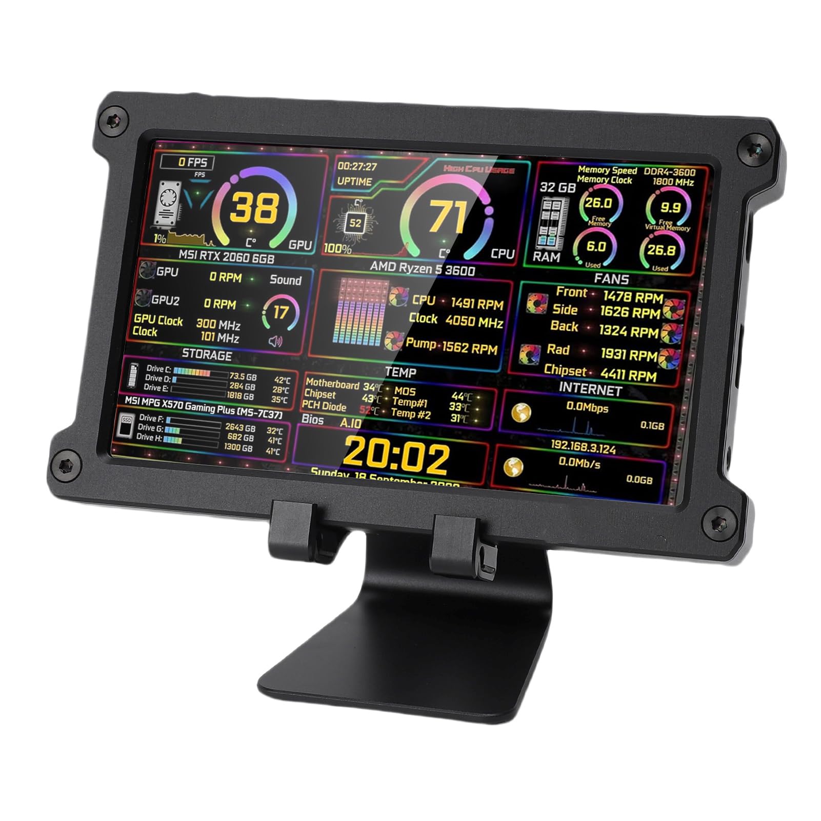 VBESTLIFE 7 -calowy Komputerowy Ekran Wtórny, Wyświetlacz 1024x600 LCD z Stojakiem na Obrót 360 ° dla Komputera TEMP Monitor Procesora GPU