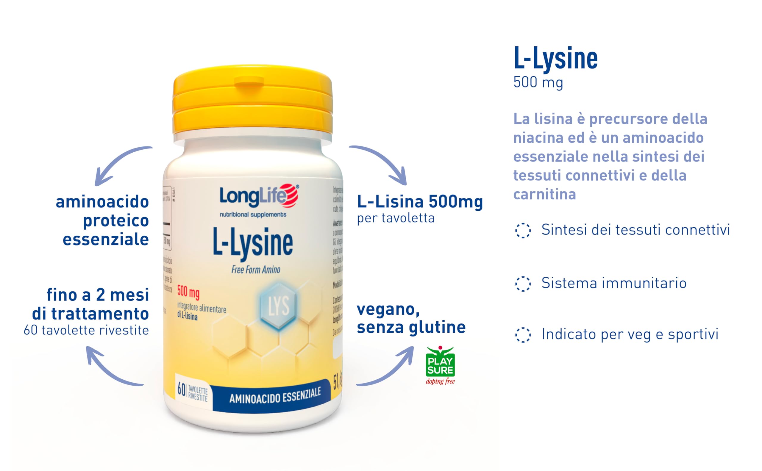 LongLife® L-Lysine 500mg | Integratore alimentare a base di L-Lisina | Sintesi dei tessuti connettivi | Benessere immunitario | Fino a 2 mesi di trattamento | Vegano e senza glutine