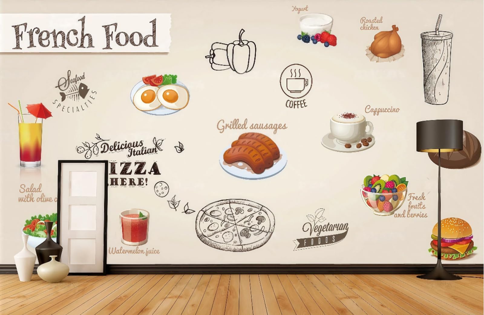 rskjdghshd Wallpaper Hand-Painted Delicious Fast Food Theme Burger Pizza Shop Western Restaurant Background Wall Mural Afternoon Tea Coffee Shop Wallpaper,3D,300x210cm