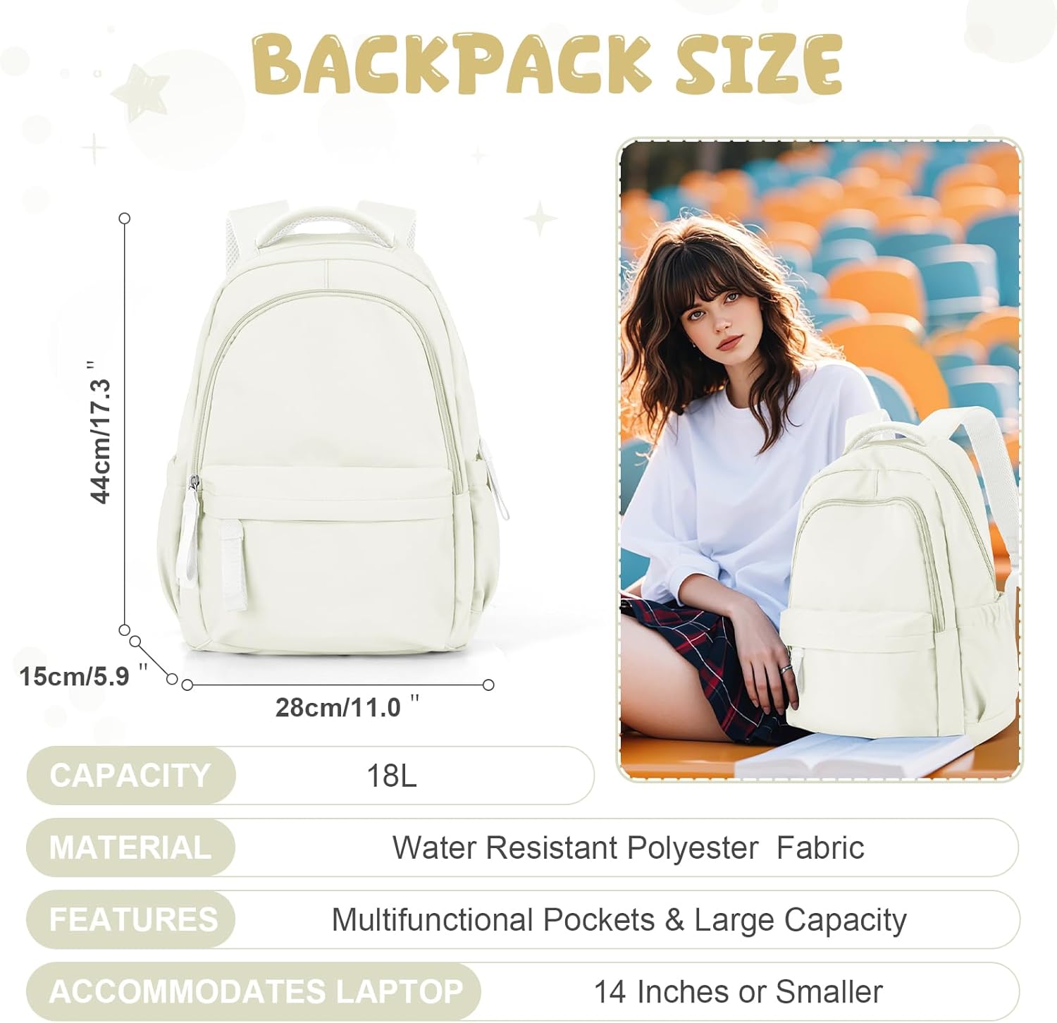 winspansy Small Backpack For School Girls Boys Aesthetic Lightweight Travel Daypack Simple Cute Backpack For Women Men College High School Bookbag Fit 14 Inch Laptop,Beige - Image 2