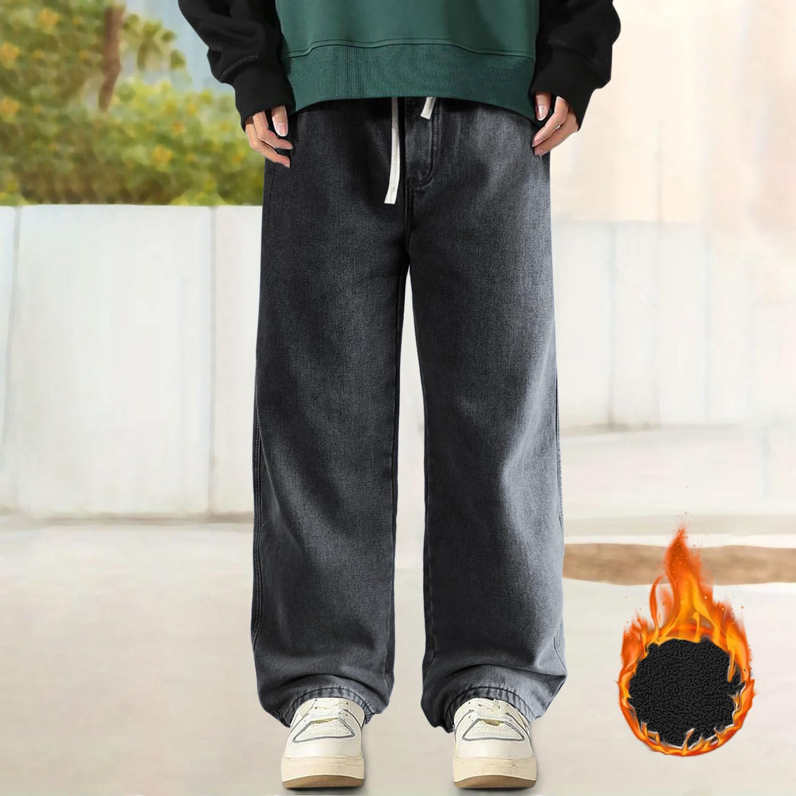 Jeans termici da uomo imbottiti, pantaloni termici imbottiti in pile, pantaloni invernali spessi, vestibilità larga, pantaloni lunghi per il tempo libero da uomo, pantaloni da lavoro caldi
