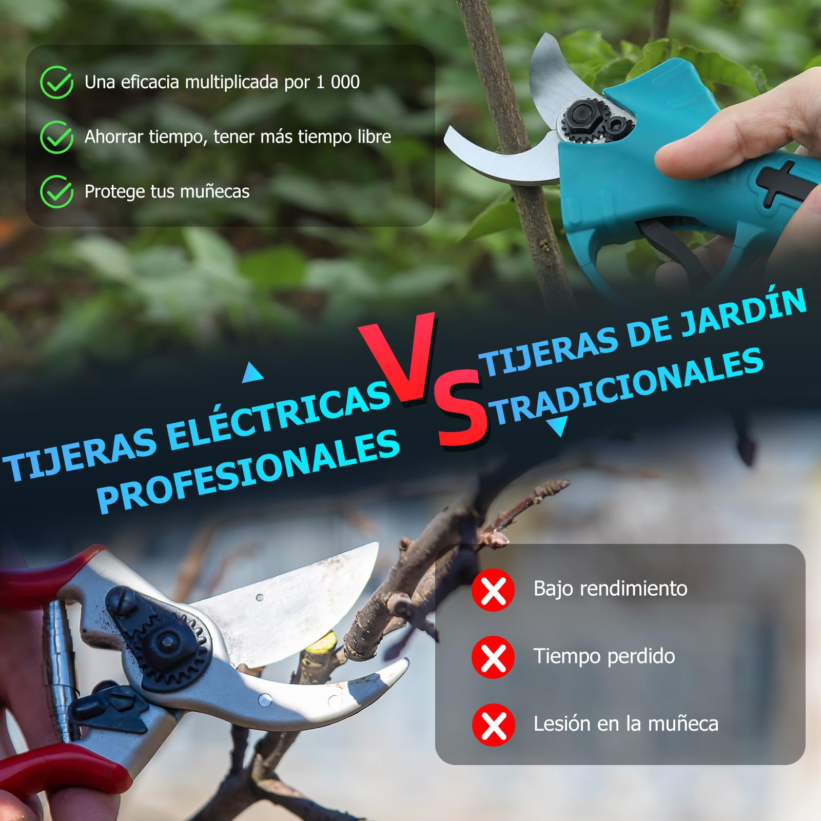 Tijeras de Podar Electricas,33mm 21V Potentes Tijeras de Podar con 2 x 2000mAh Baterías,1000W Larga Duración,Silenciosa,Podadoras Profesionales sin Escobillas para Jardinería,árboles Frutales,Viñedos