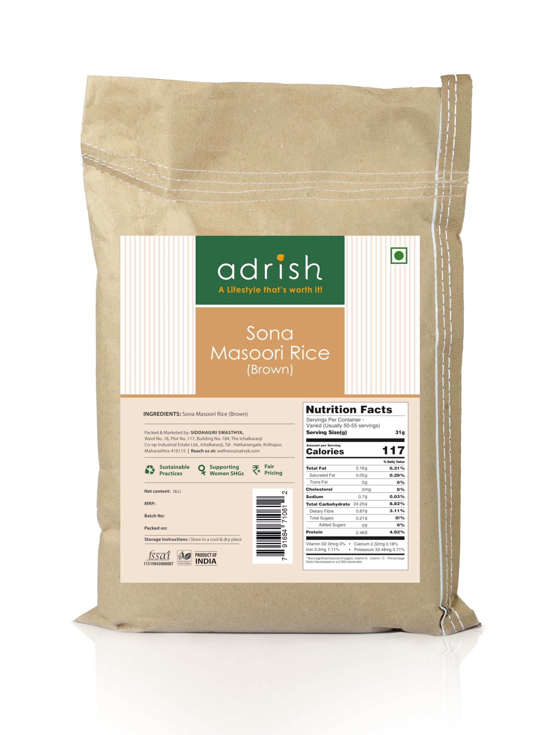Adrish Zerowaste Organic Unpolished Sona Masuri Rice (3kg) - Unpolished Sona Masuri Loose Rice| Handpounded Sona Masoori Rice | Gluten Free | Traditionally Milled Rice | Suitable for Daily Cooking
