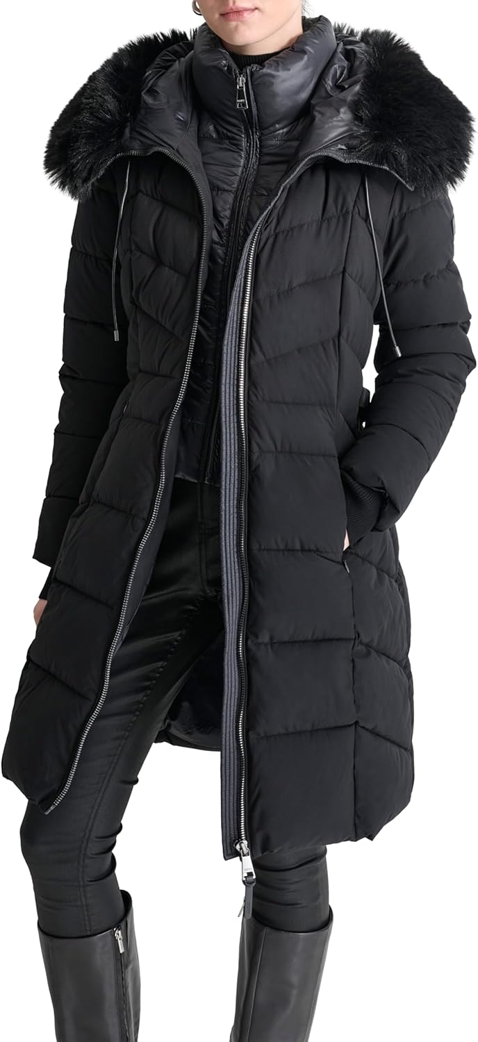 DKNY Women's Bib-front Faux-fur Trim Hooded Long - Image 7